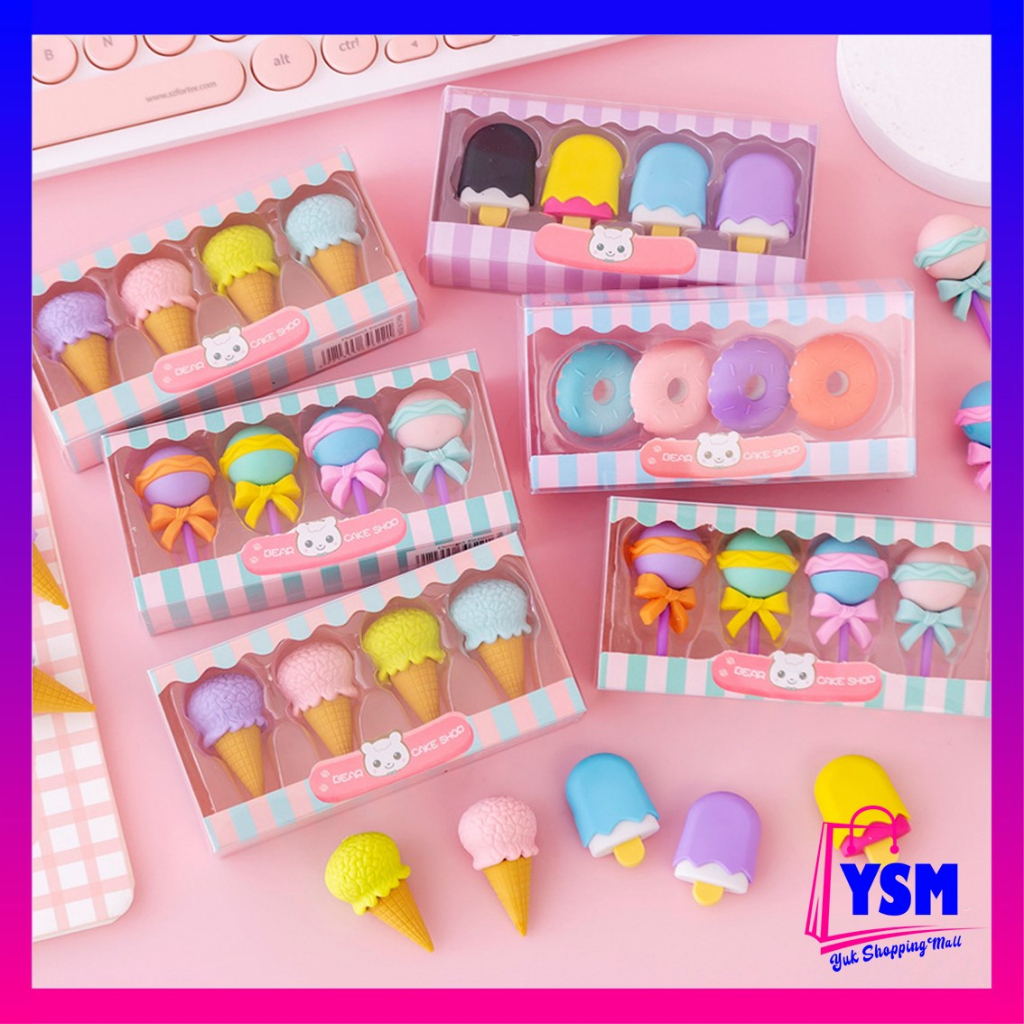 

YSM Penghapus anak sekolah karakter 4 pcs 4set penghapus lucu bentuk es krim penghapus lolipop donat penghapus pensil karakter sweet pengahpus penghapus lucu