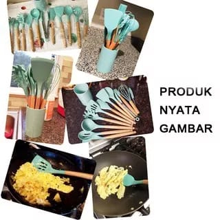 Silicone Utensil 11 PCS + WADAH  spatula peralatan masak sutil pegangan kayu