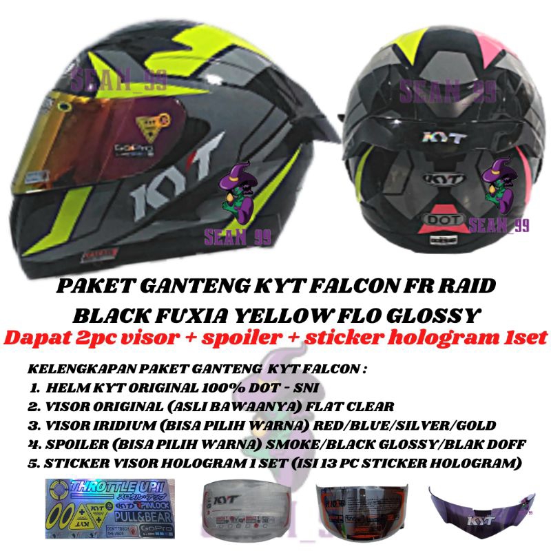 HELM KYT FALCON RAID FUXIA YELLOW FLO FULL FACE DOUBLE VISOR ORIGINAL SNI DOT ( PAKET GANTENG KYT FA