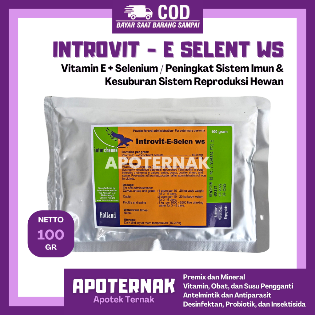 INTROVIT E SELEN WS 100 gram |  Vitamin Meningkatkan Fertilitas dan Sistem Kekebalan Hewan | Like Cetavit E selen