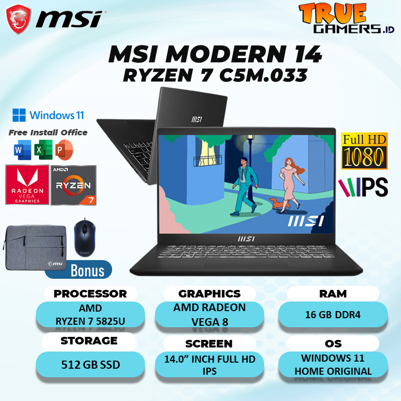 LAPTOP MSI MODERN 14 RYZEN 5 5625U 16GB 512SSD VEGA7 W11 14.0FHD IPS BLIT 2YR