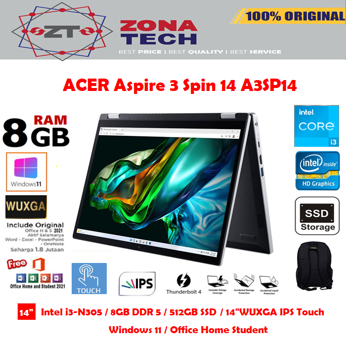 ACER Aspire 3 Spin 14 A3SP14 - i3-N305 8GB 512GB 14&quot;WUXGA IPS X360 Touch W11 OHS