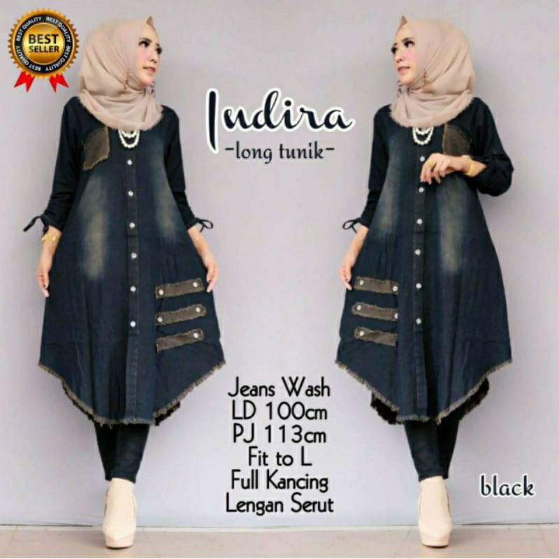 Indira Long Tunik/Tunik Long Jeans Rawis/Baju Atasan Tunik Levis Wanita Busui