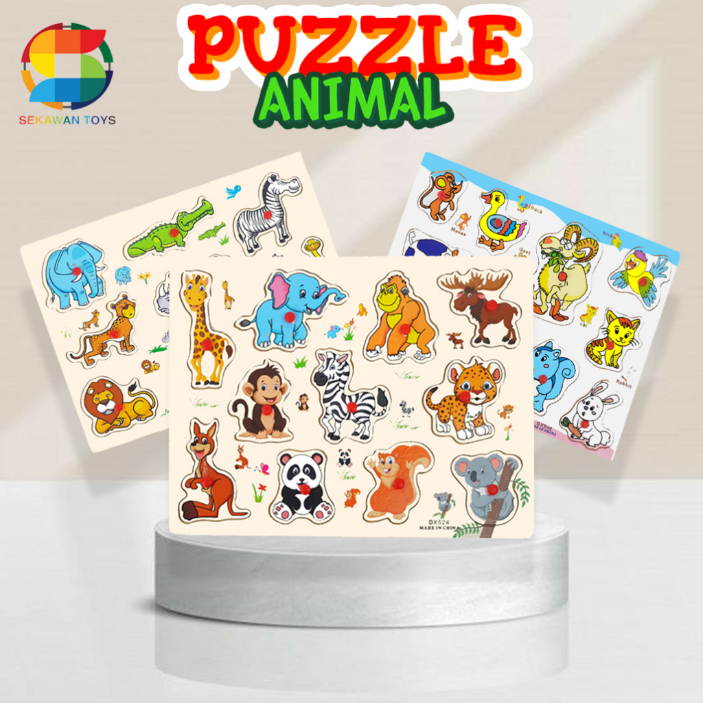 Mainan Edukasi Anak Puzzle Kayu Animal/ Mainan Bongkar Pasang Kayu 524 / Wooden Knob Puzzle Knob Kayu Hijaiyah Arab Mainan Balok Kayu Edukatif Anak Jigsaw Puzzle