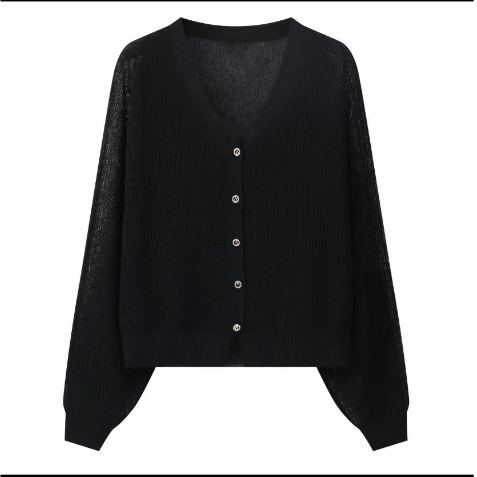 【Elegant】See Through V-neck Button Long Sleeved Cardigan 2097