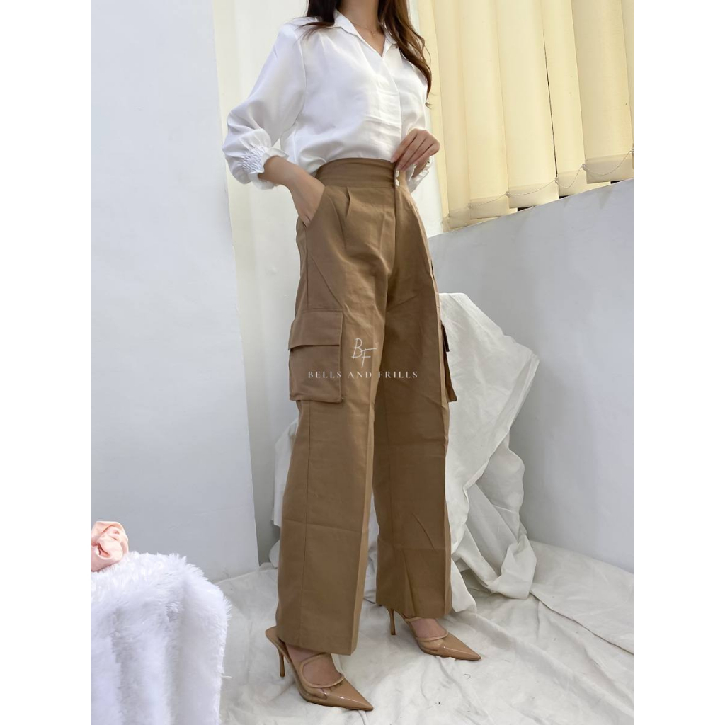 WALTER CARGO HIGHWAIST LINEN - Celana Kulot Cargo - Celana Kargo Wanita - Joger Highwaist Loose P20