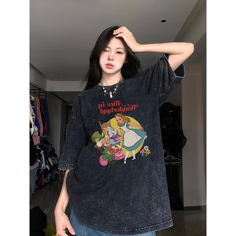 Vintage T-shirt Hitam Washed Oversize Kaos Lengan Pendek Baju Wanita Alice sleepwalking Wonderland Korean Style