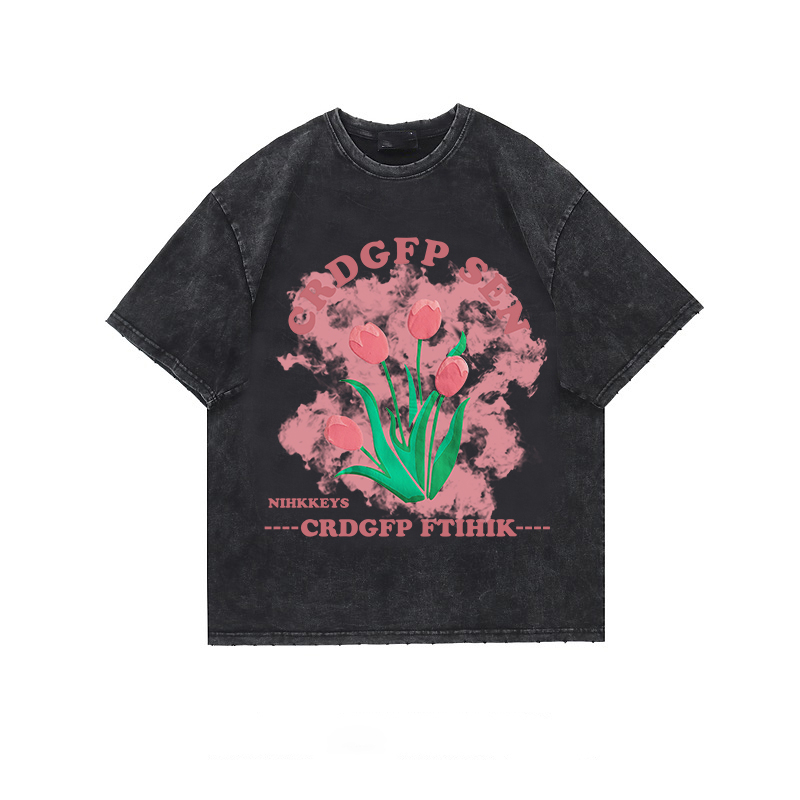 t shirt Hitam washed baju wanita kaos wanita kaos oversize atasan wanita t shirt Flower lengan pendek kaos pakaian