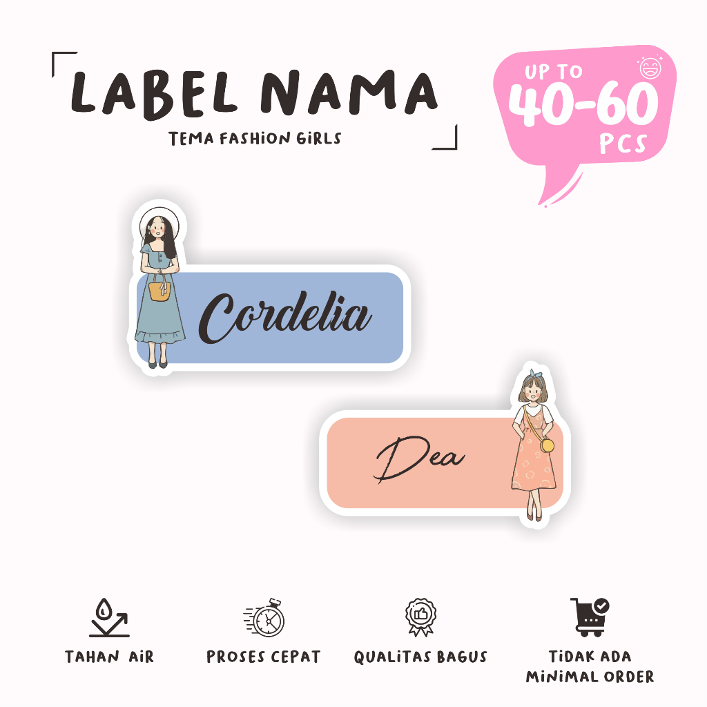 

(40 - 60 pcs) label nama lucu FASHION GIRL/murah bisa custom nama/stiker anti air/stiker lucu waterproff/cutting stiker nama murah