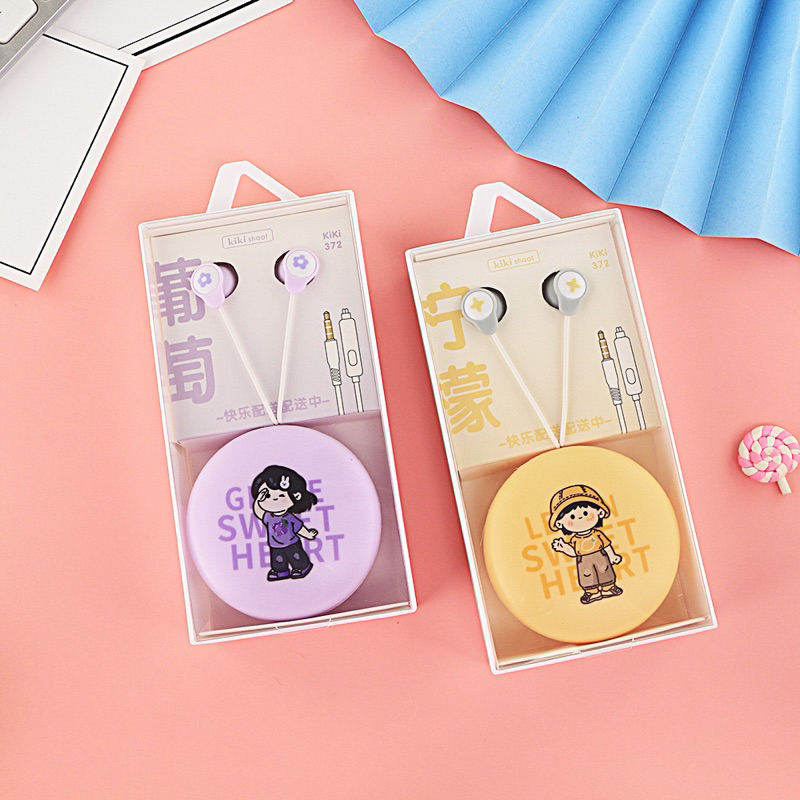 [ KI 372 ] Set Headset Earphone karakter  korean girl / + Wadah penyimpanan Earphone Motif in ear