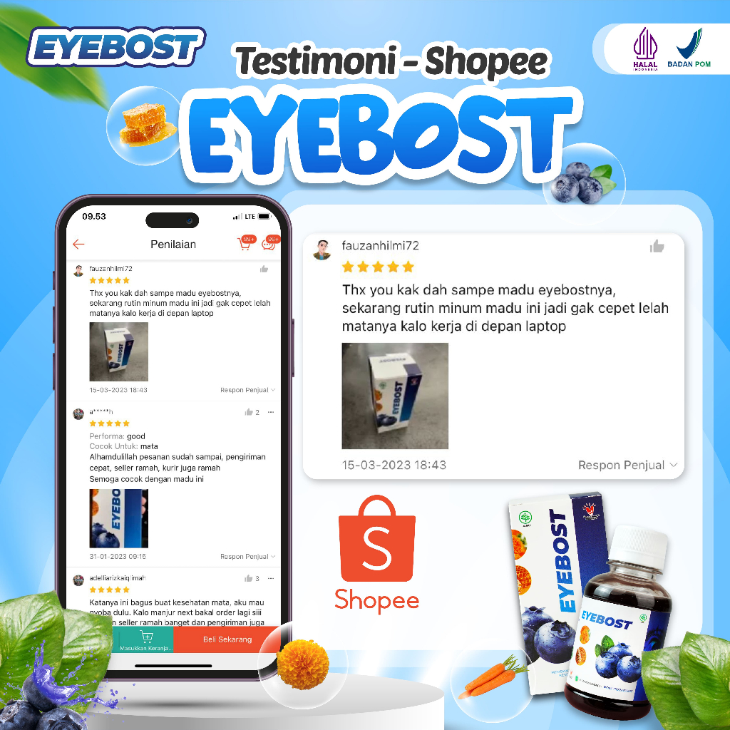 Eyebost - Madu Herbal Vitamin Mata Original Alami Bantu Mengatasi Masalah Mata Mencegah Mata Minus Mata Merah Sakit Mata Rabun Jauh dan Rabun Dekat Silinder Obat Mata Panda Buram Katarak Terdaftar BPOM dan Halal MUI