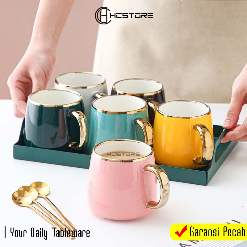 Gelas Kopi Teh Keramik List Gold Sultan Mewah Tahan Panas Microwavesafe