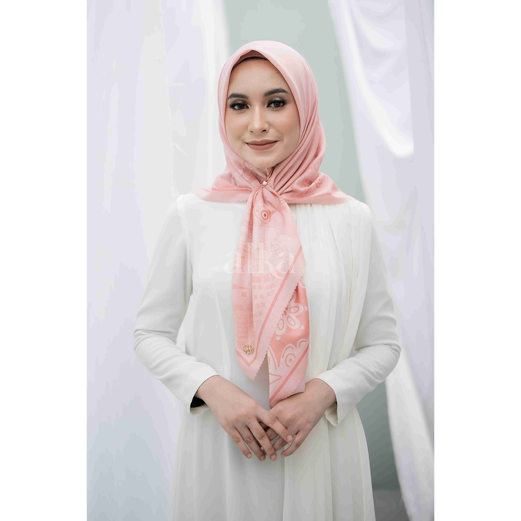 ShopatAlka | Hijab Motif Segiempat Voal Premium Lasercut | Mavi Salmon Pink Printed Scarf | Pink Mud