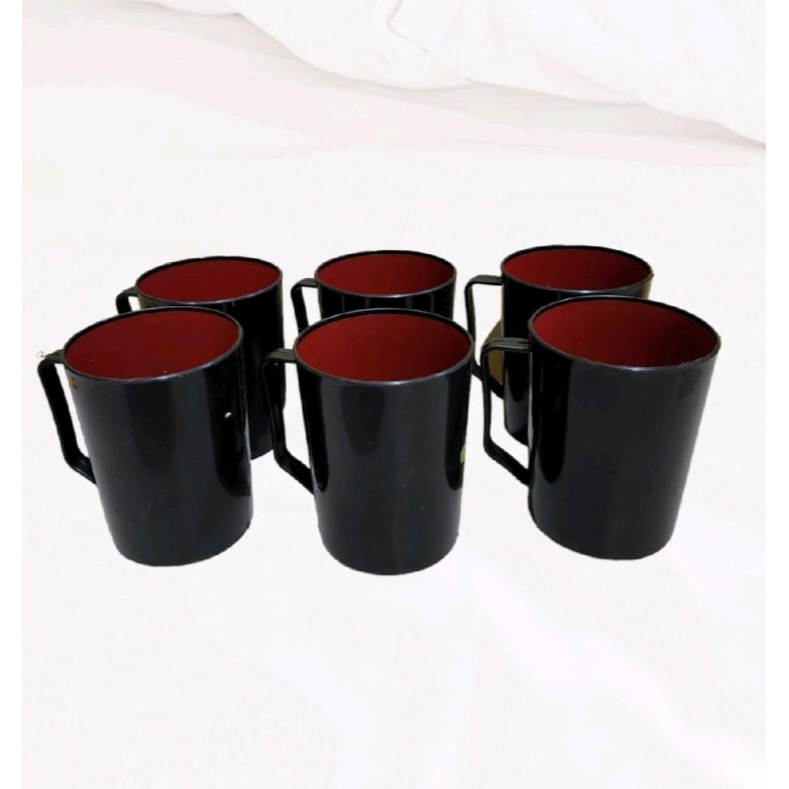 (keluargastore)6 pcs Gelas gagang ramen motif polos merah hitam