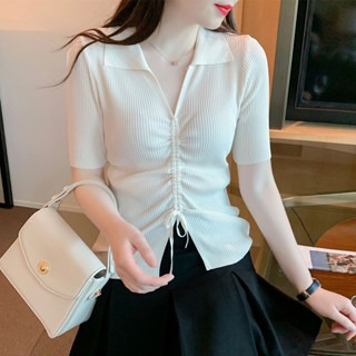 【Premium】Korean V-Neck Short Puff Sleeve Draw String T-shirt 2116