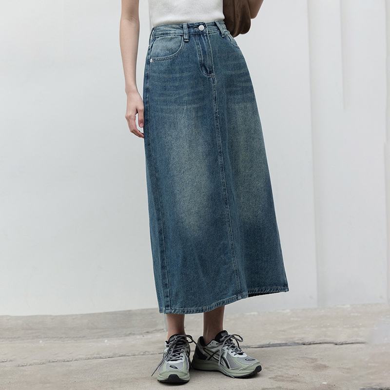 Rok Jeans Biru Retro Rok midi A-line Highwaist Import