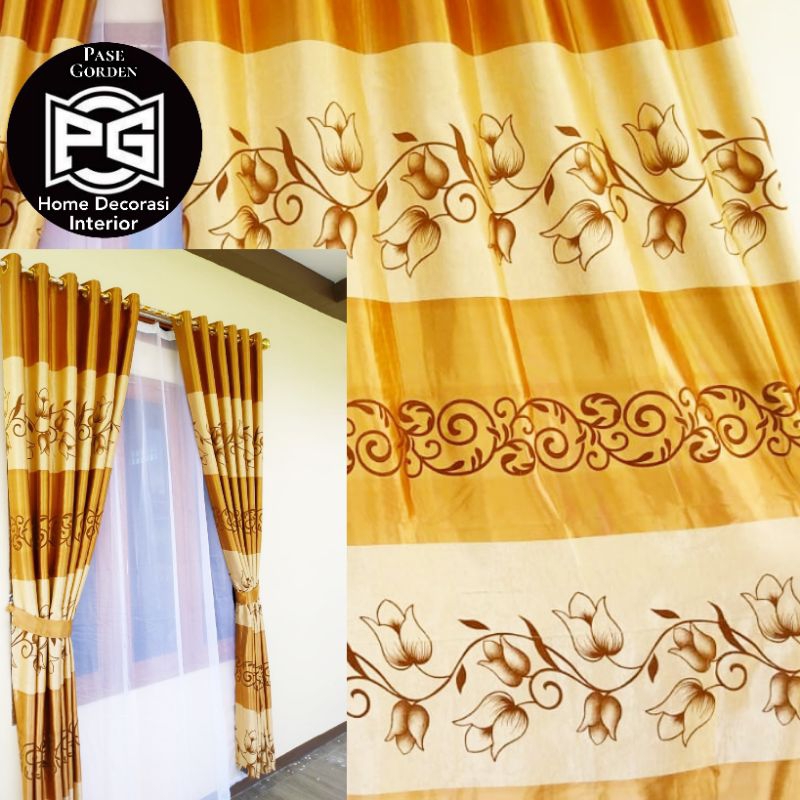 Gorden Blackout Import Original 100% Motif Bunga Tulip Gold Panjang 140