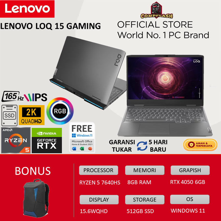 LAPTOP LENOVO LOQ 15 GAMING RYZEN 5 7640HS RTX4050 6GB RAM 8GB 512SSD WINDOWS 11 LAYAR 15.6 WQHD 165HZ 100SRGB GRY