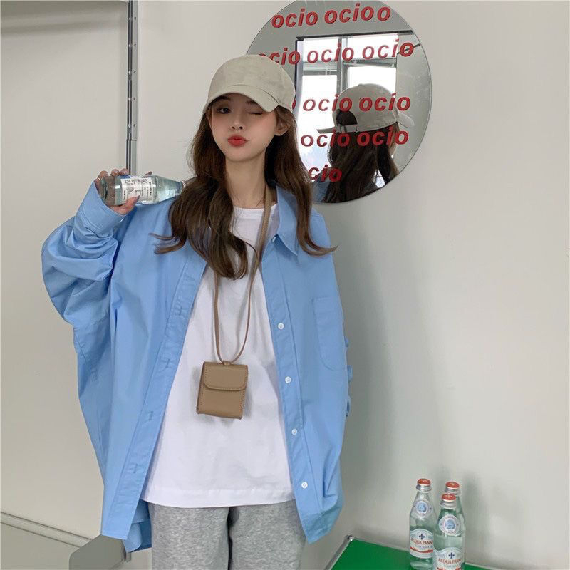 Kemeja Korea Wanita Plos Shirts Lengan Panjang Polos Casual Blouse