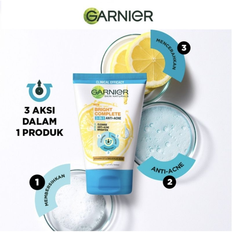 Garnier Bright Complete 3-in-1 Anti Acne Facial Wash Skin Care 90 ml (Wajah Cerah Bebas Jerawat)