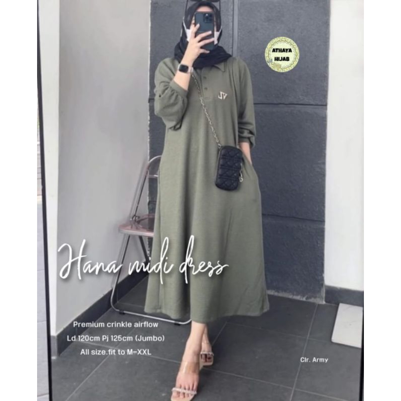 Midi Dress Polos Wanita Jumbo Crinkle Airflow LD 120 Hana Midi Dress By Athaya Hijab