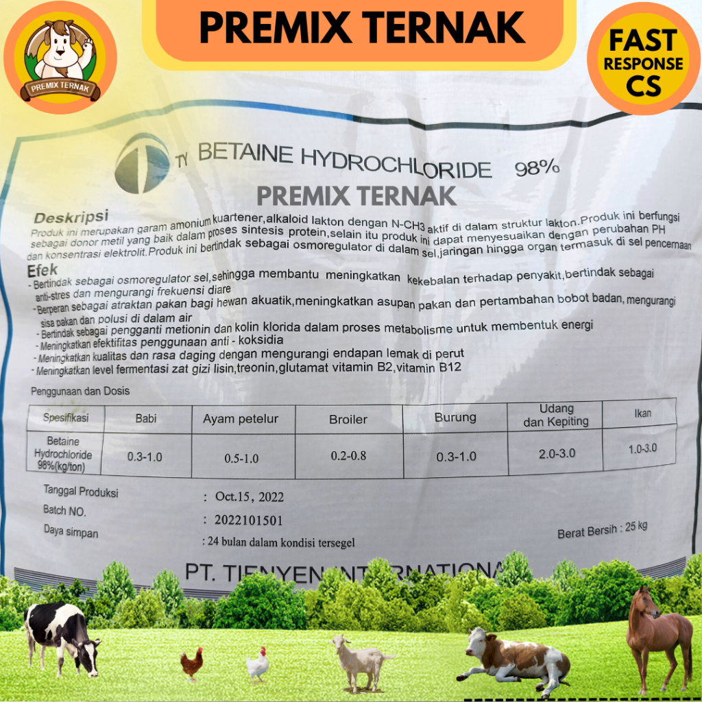 BETAINE HCL 500gr dan 1kg - Betain Ternak - Super Amino Protein &amp; Atraktan Hewan Sapi Babi Ayam Layer Broiler Burung Udang Kepiting Ikan - Betain - Betain Hcl