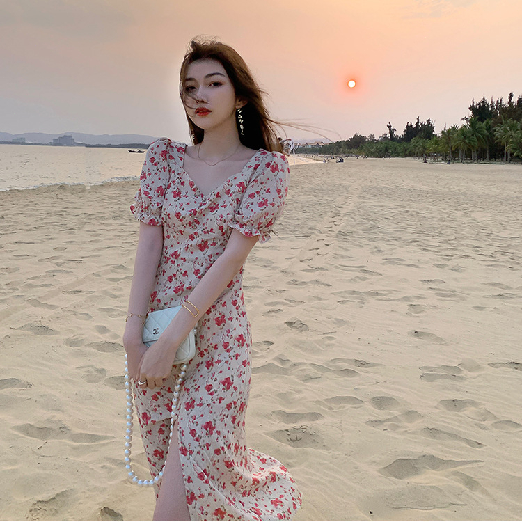 yikoo-Dress midi korea gaun bermotif bunga sifon wanita dres