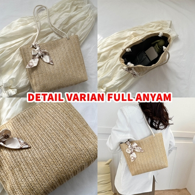 Totebag Kuliah  Bahan Anyam Jerami Polos Dengan Syal Korean Style Import