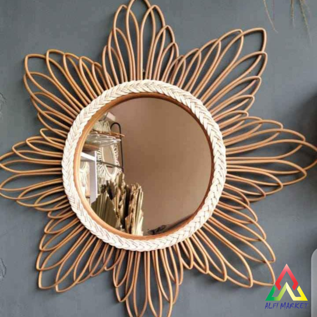 Cermin Dinding Bintang Natural | Cermin Rotan | Aesthetic Mirror | Cermin Hias Berwarna | Hiasan Din