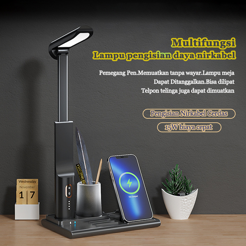 （COD）Wireless Charger LED Lampu Meja Lipat Magnet Tangkai Pena 15W Fast Charge Smart Night Light