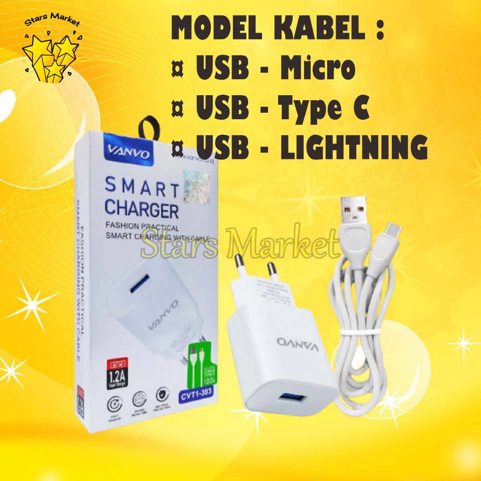 [ST-TC] Charger Vanvo CVT1-393 1.2A ORIGINAL untuk Micro / Type C / Lightning