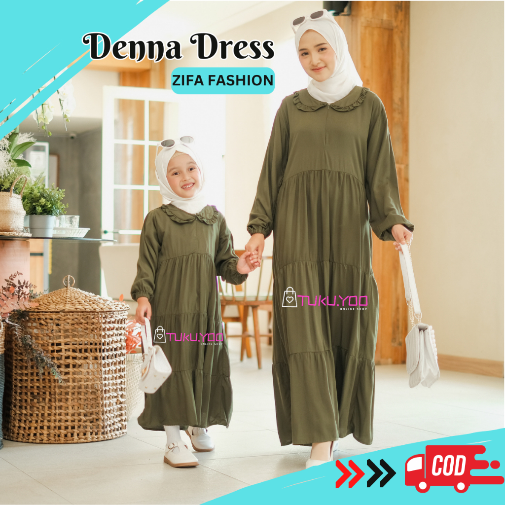 Denna Dress Polos Zifa Fashion Gamis Couple Ibu Anak Jumbo Twill Premium Busui Hijau Army