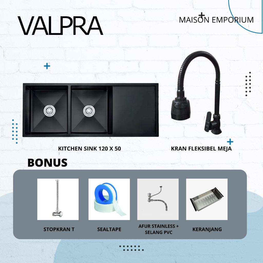 Kitchen Sink Valpra 12050 Hitam + Keran Kran Air / bak Cuci Piring Black VHE12050BK / 120x50