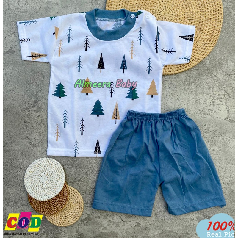 Setelan Baju Bayi Piyama Bayi Lengan Pendek Kancing Pundak Motif Fir Tree Usia 3-12 Bulan Almeera Baby and Kids