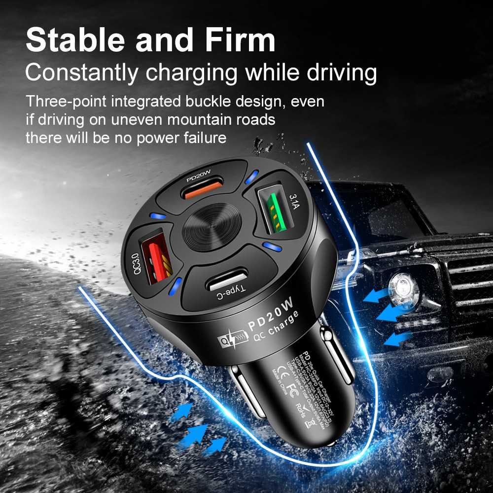 Car Charger Mobil USB Type-C Quick Charging 4 Port 20W Carger Isi Daya Baterai Perangkat Smartphone Berkualitas