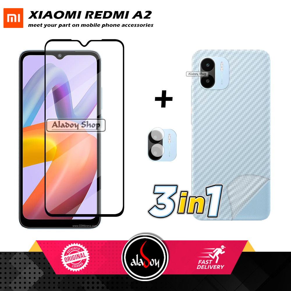 PAKET 3 IN 1 Tempered Glass Layar Xiaomi Redmi A2 Free Tempered Glass Camera dan Skin Carbon