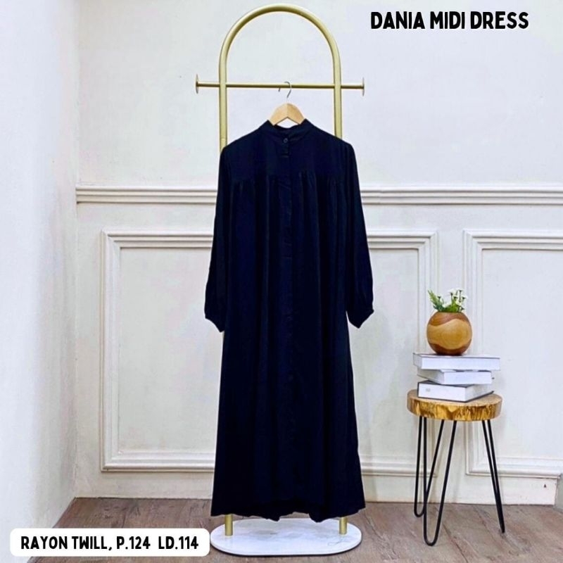 new 3 DANIA MIDI DRESS wanita warna hitam polos bahan rayon twill best seller kancing halus adem