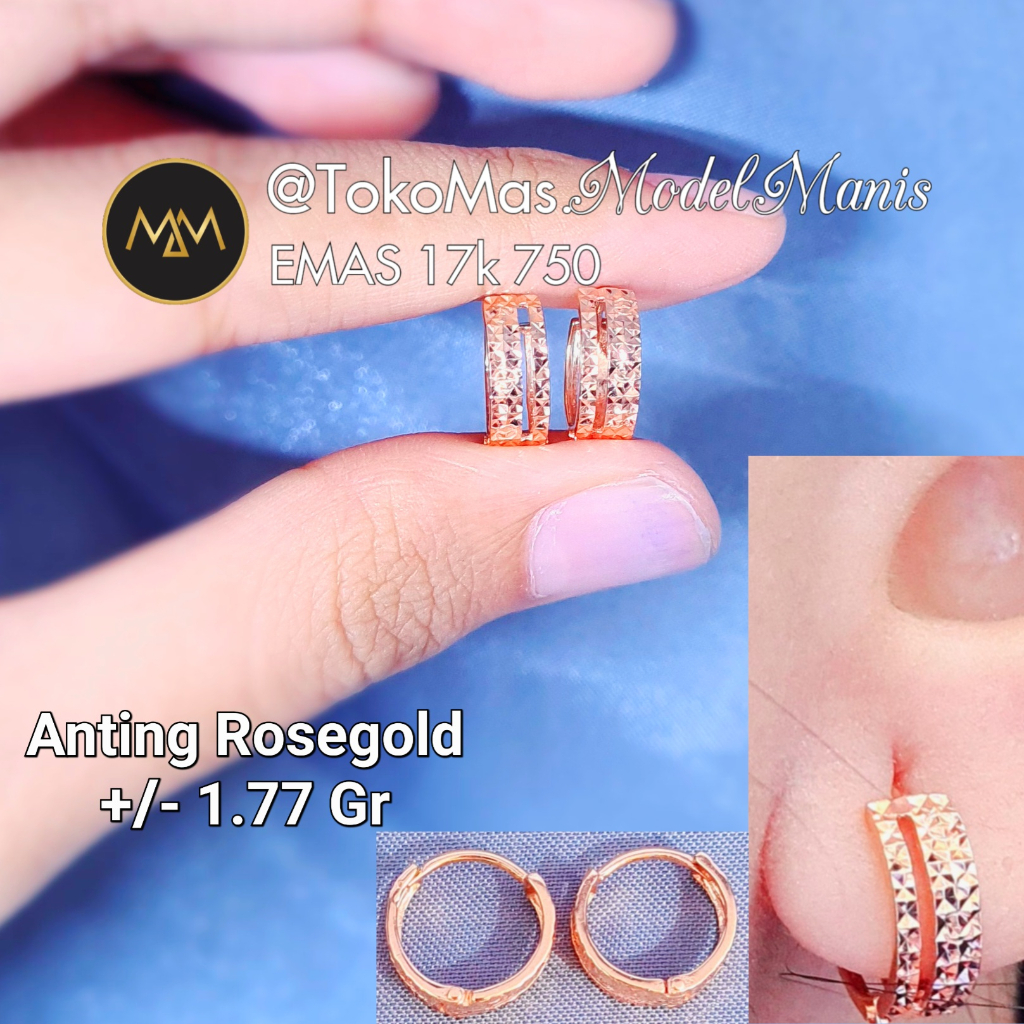 Anting jepit bulat ukir emas rosegold 750 kadar 17k