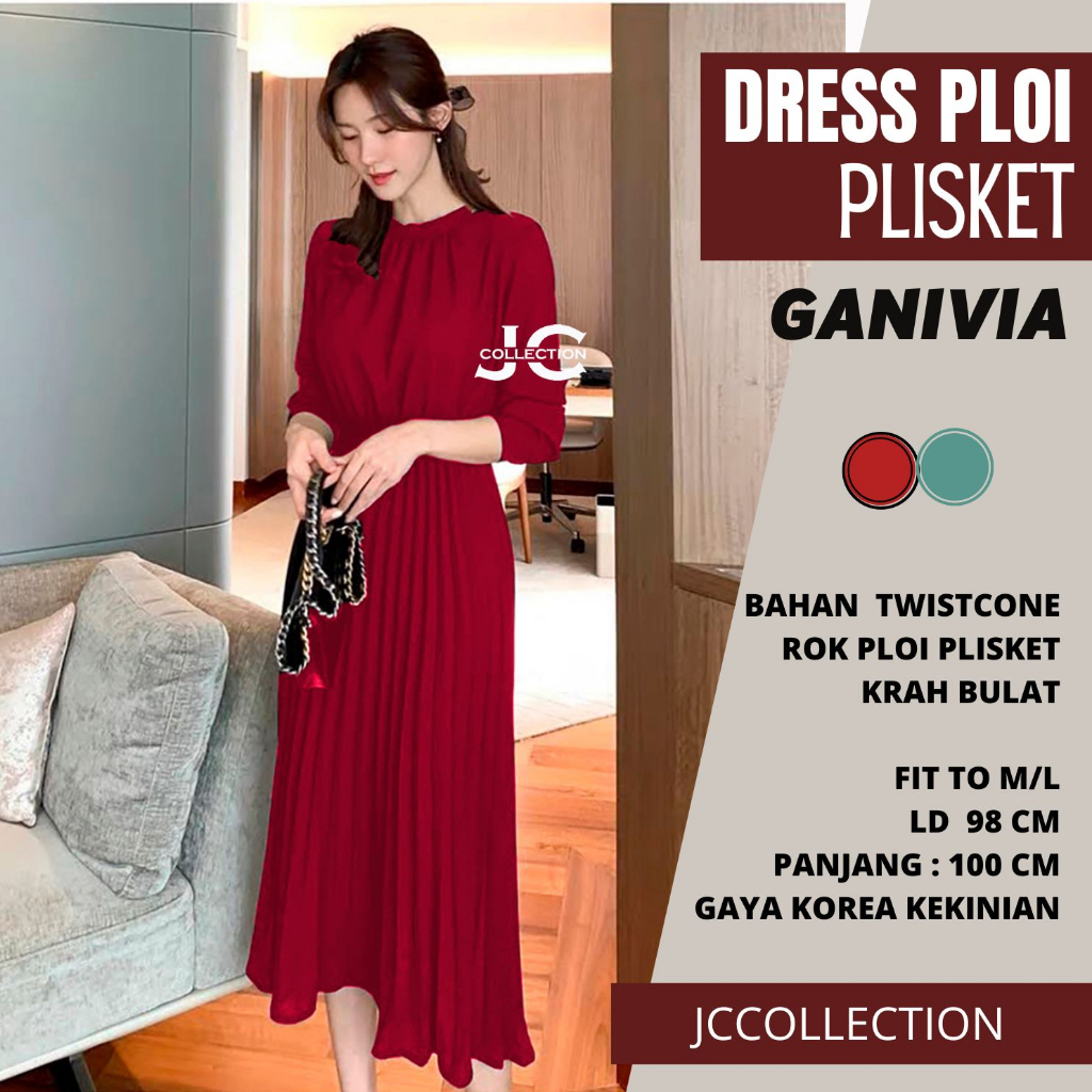 Long Dress ploi plisket lengan panjang wanita gaya korea Ganifia - JCCollections