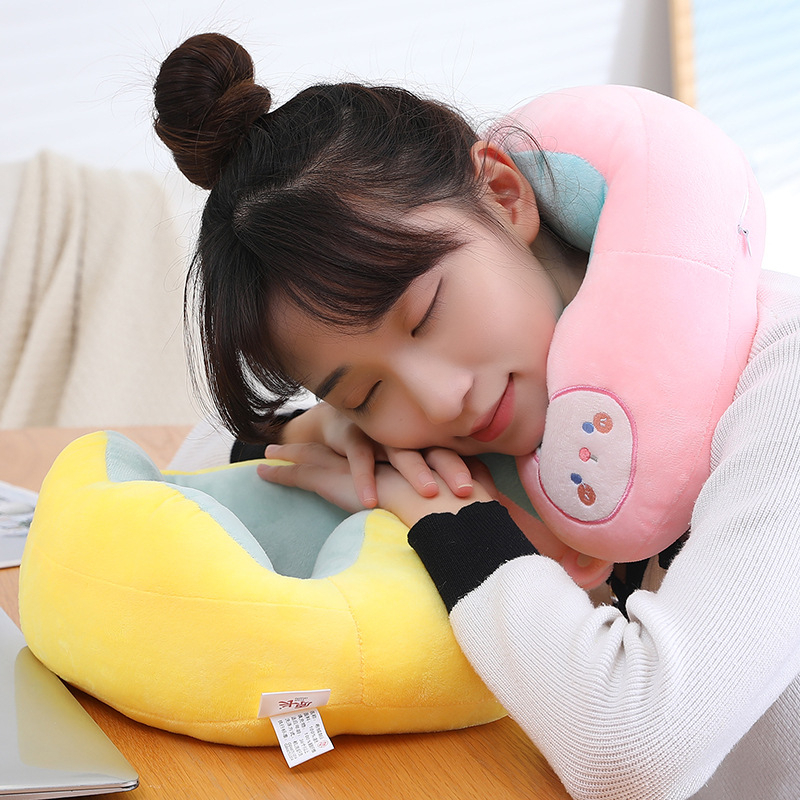 BU3NE New Ear Bantal Leher U-Shape Travel Neck Pillow Blue Empuk Kantor Istirahat Nyaman Dakron Poliester Mobil Perjalanan Lucu Kartun dino shiba shark blue pink bunny pooh besar dewasa melingkar Lembu halus mobil pesawat