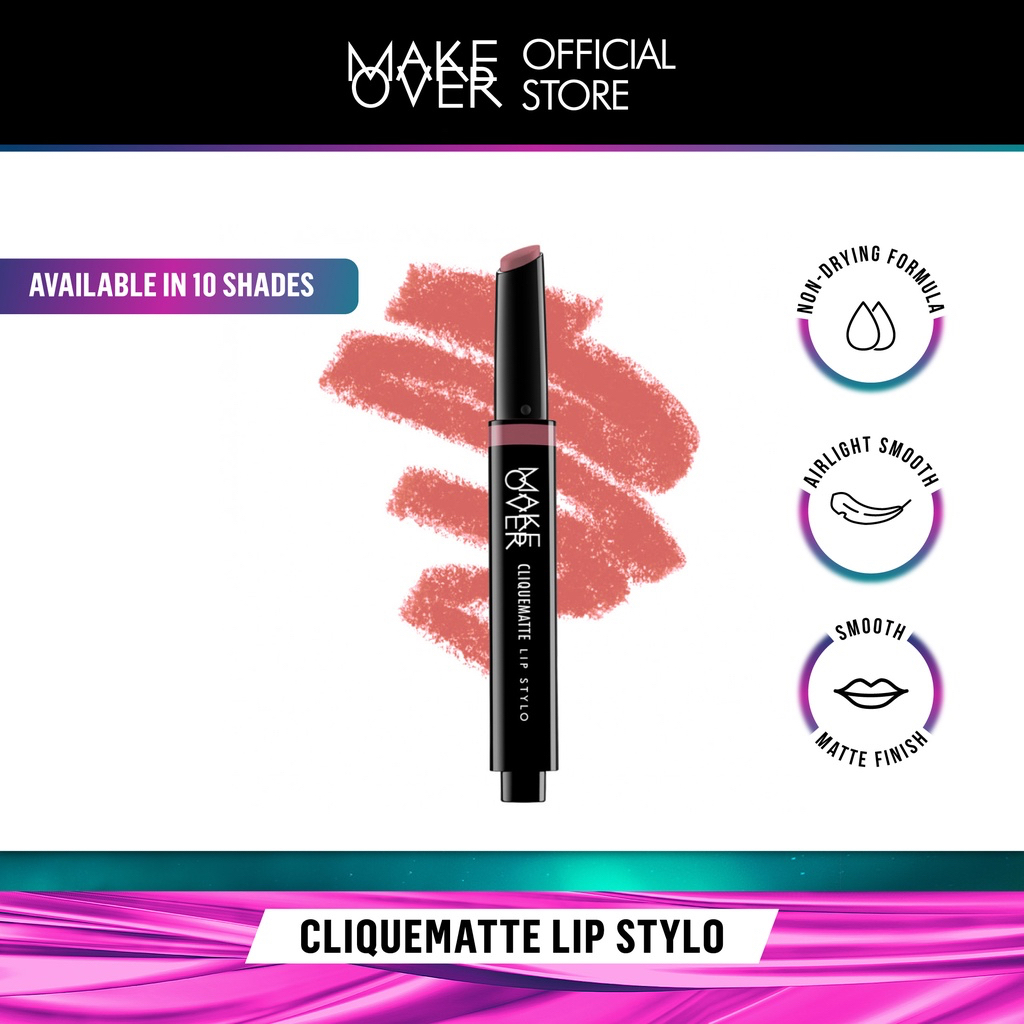 MAKE OVER Cliquematte Lip Stylo Indonesia / Lipstick Matte 2g / Non Drying Formula Airlight Smooth Matte Finish / Natural Buildable Intensity Non Sticky Easy Precise To Aply / 201 202 203 204 205 206 207 208 209 210 / Cosmetic Makeup Lips Make Up Series