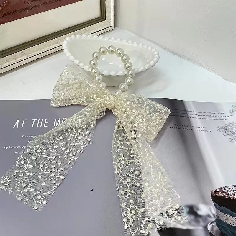 Ikat Rambut Korea Pita Aksen Renda Mutiara Untai Korean Hair Tie Ribbon Pearl Lace Brukat Kunciran Juntai