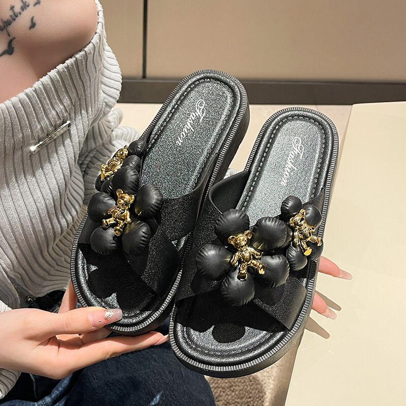 GROSIRTAS TG1282 Sandal Wedges Wanita Import Motif Bunga Bear Fashion