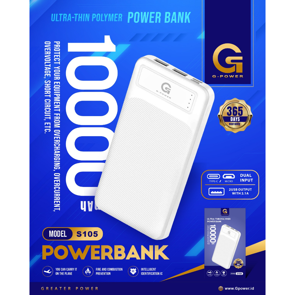 powerbank 10000mah GPOWER S105 Dual Input Port Type C &amp; Micro USB Original Fast Charging Real Capacity - Garansi orginal