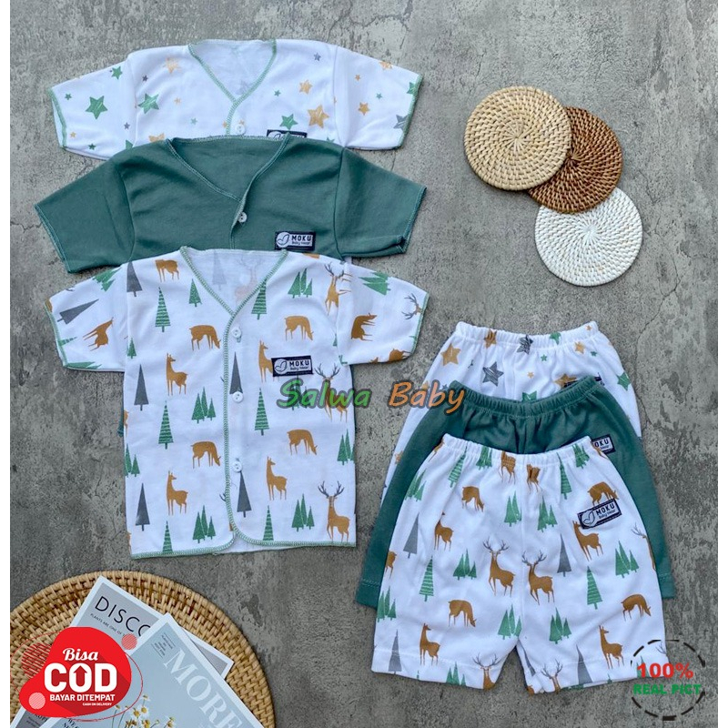 Isi 6 PCS Baju Celana Bayi / 3 Setel Baju Lengan Pendek Celana Pendek Usia 0-3 Bulan Seri Sage Green Almeera Baby and Kids