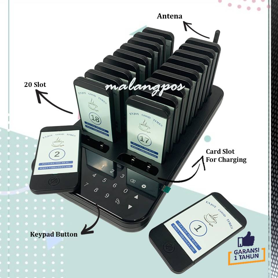 Wireless Calling System Restaurant Pager Bel Wireless Pemanggil Antrian Restoran Cafe Rumah 20 Slot