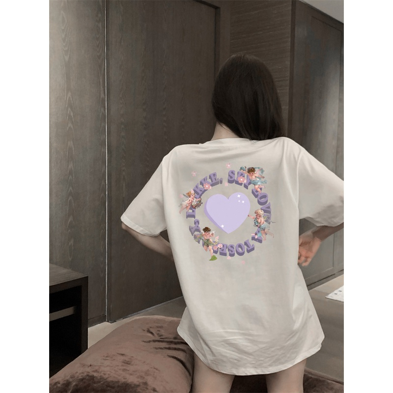 XIAOZHAINV Korean Style Kaos Atasan Wanita Heart Pattern Lengan Pendek A0014