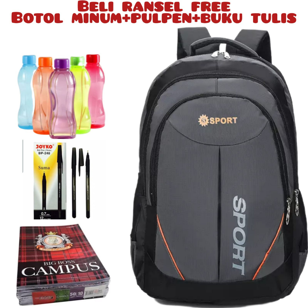 Dunia_Tas123_Beli 1 Dapat 4- Tas Ransel Jumbo ORIGINAL Pria Backpack 60L Polyestern Nylon Sekolah Kuliah Punggung IMPORT_Beli Ransel Free Botol Minum+Pulpen+Buku Tulis