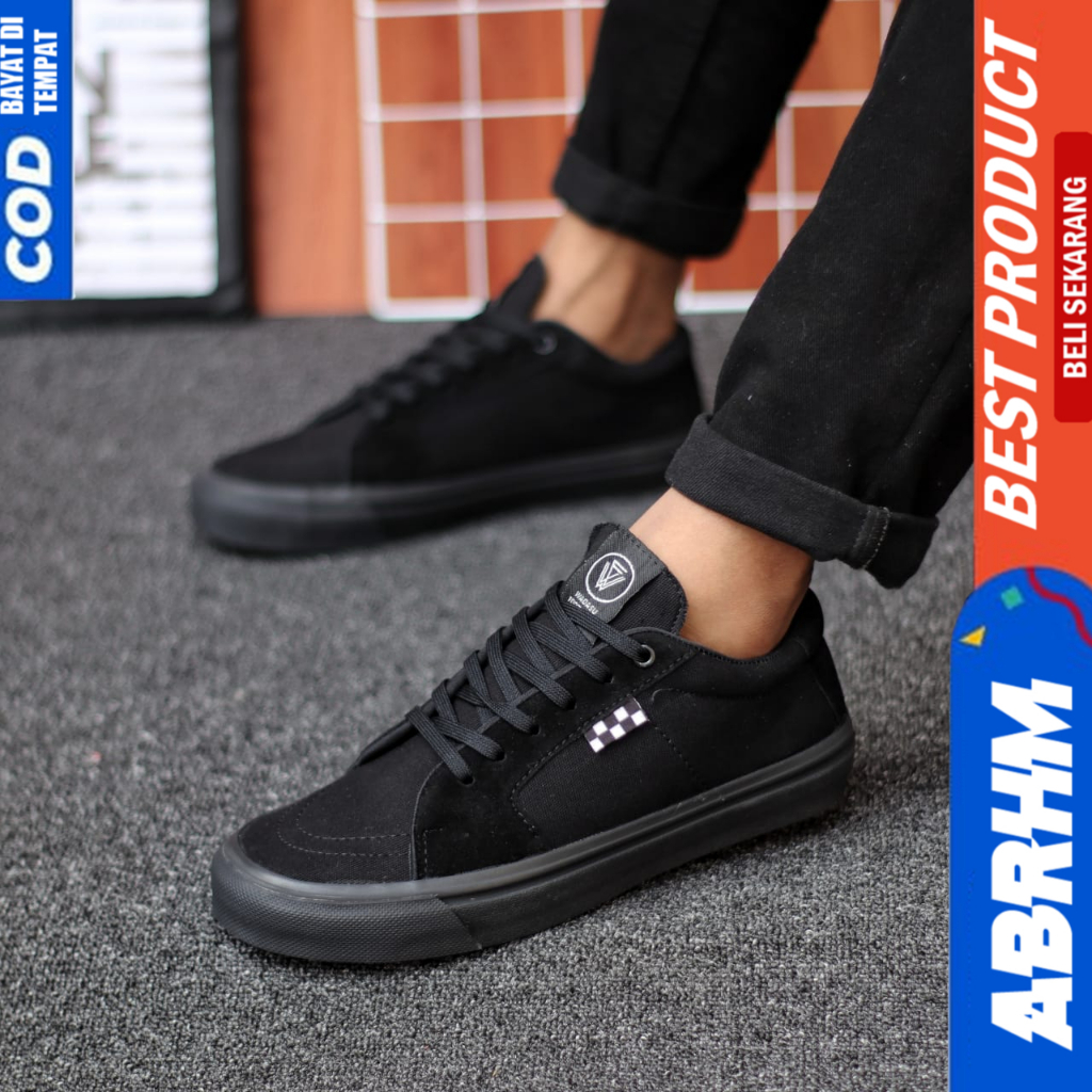 ABRHM Sepatu Sneakers Hitam Polos Tali Ukuran Besar 38-47 Pria