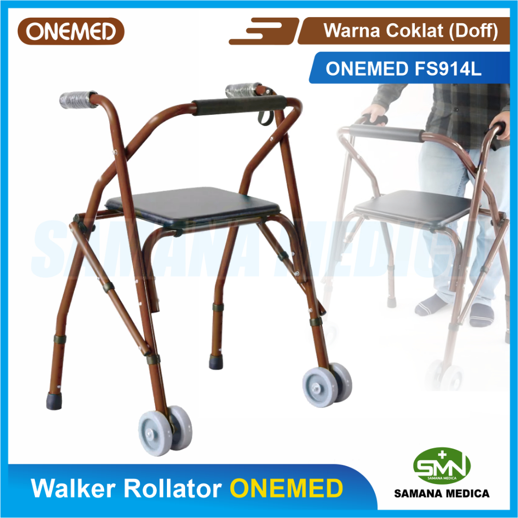 WALKER Rollator Rolator FS914L ONEMED Alat Bantu Jalan Orang Tua + Duduk Warna Coklat Doff